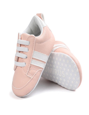 Indoor stripe 6M-18M design PU leather breathable non slip fabric bottom baby sneaker Pink 